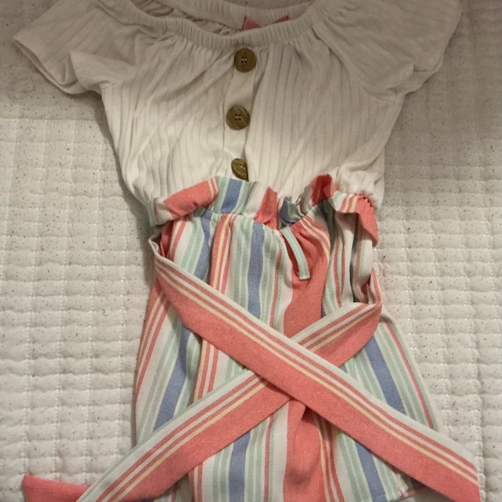Paper Doll White Ribbed top/striped bottom romper